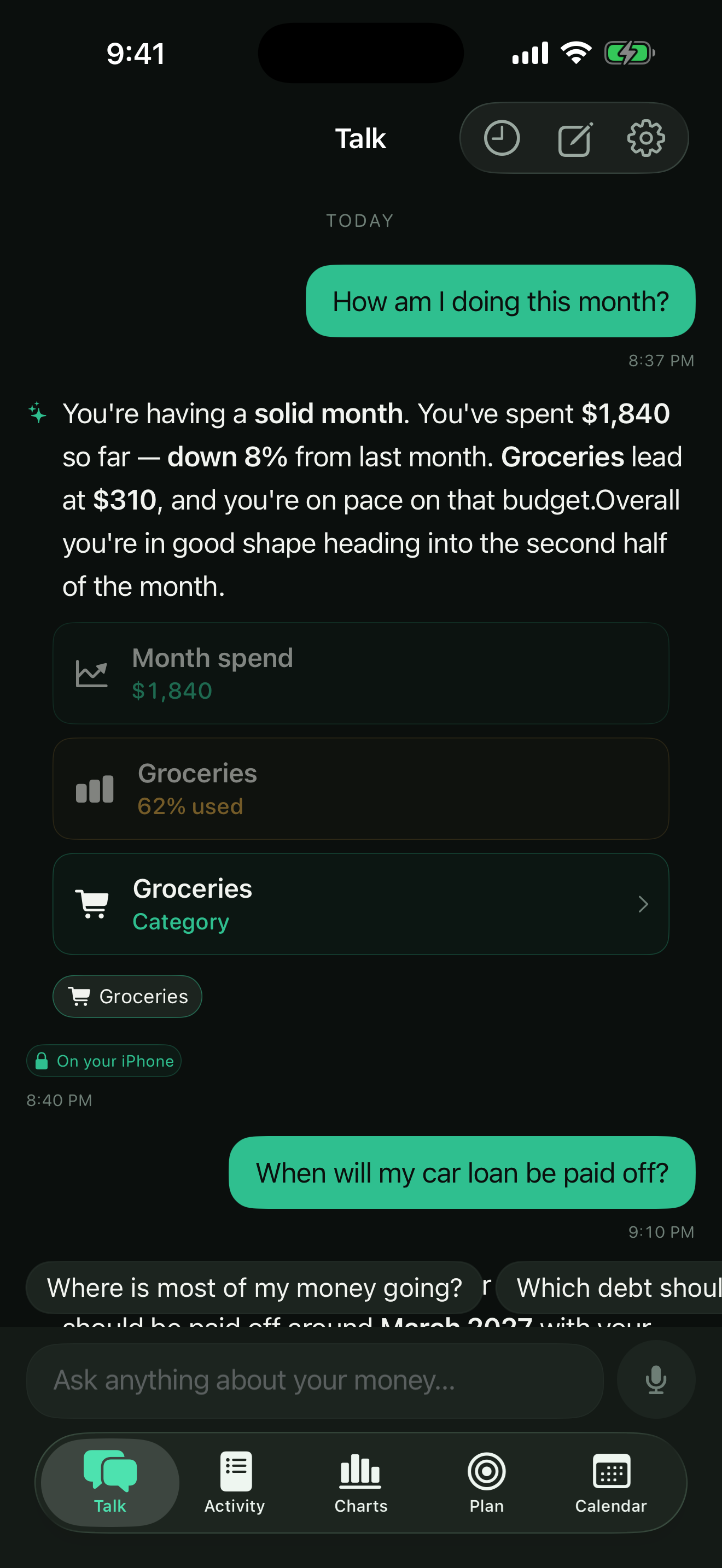Sotto AI chat answering a question about spending