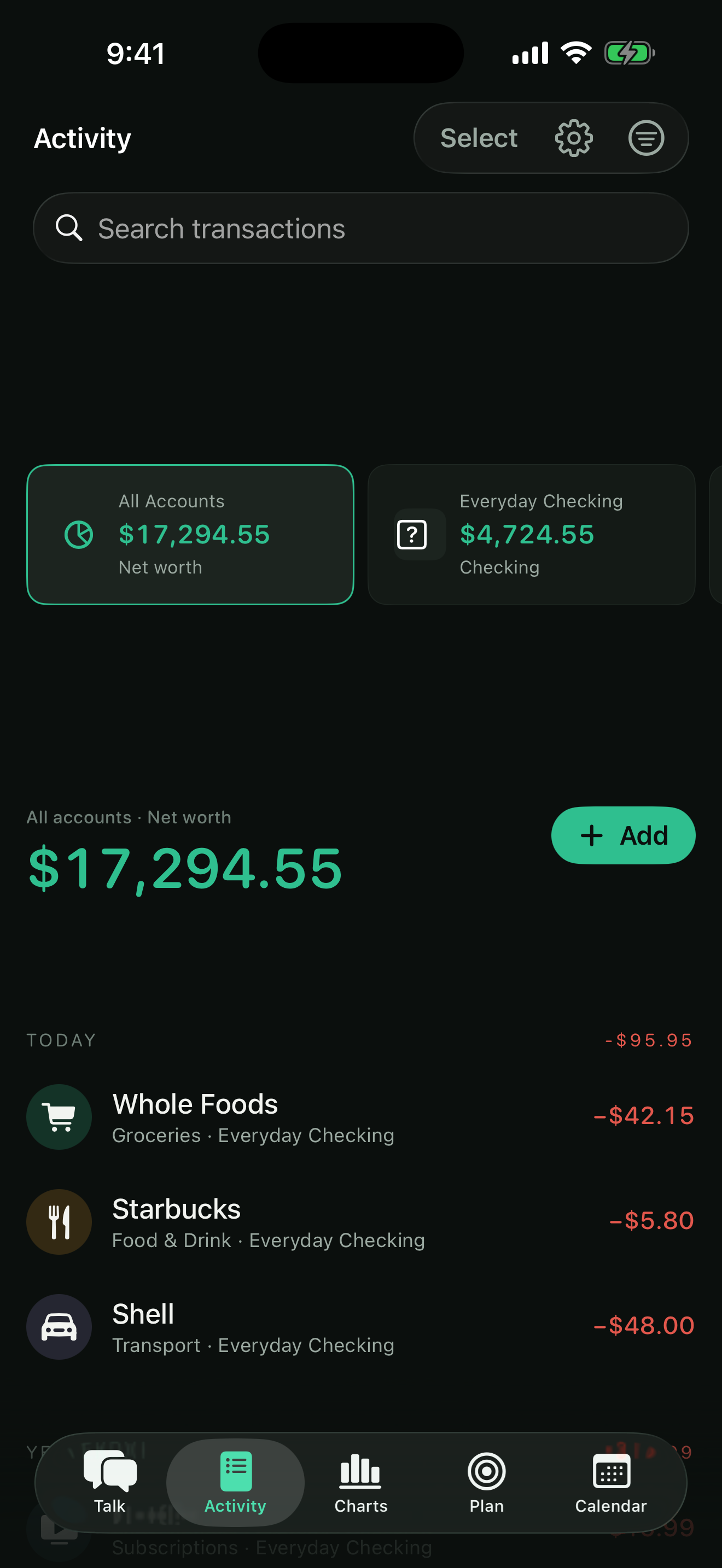 Sotto transaction list and activity tracking